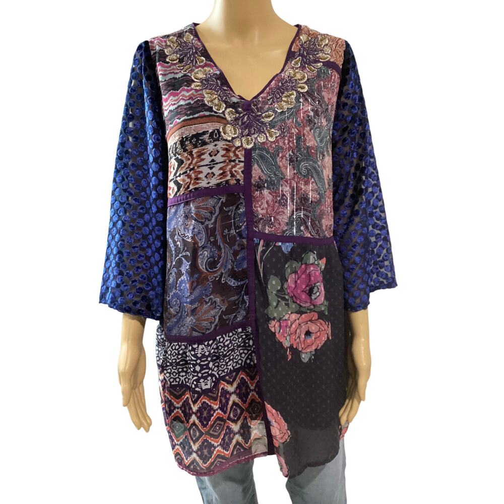 Soft Surroundings Boho Patchwork Blouse With Shee… - image 1